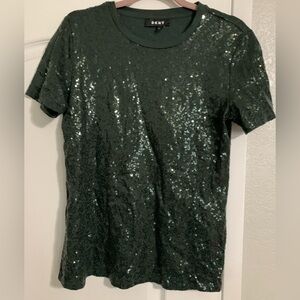 DKNY Dark Green Sequin Short Sleeve Top